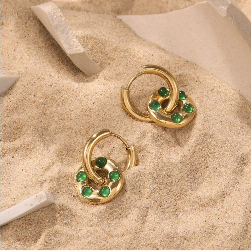NEW 14K yellow gold stainless steel faux green agate drop earrings jewelry B20 - Picture 3 of 10